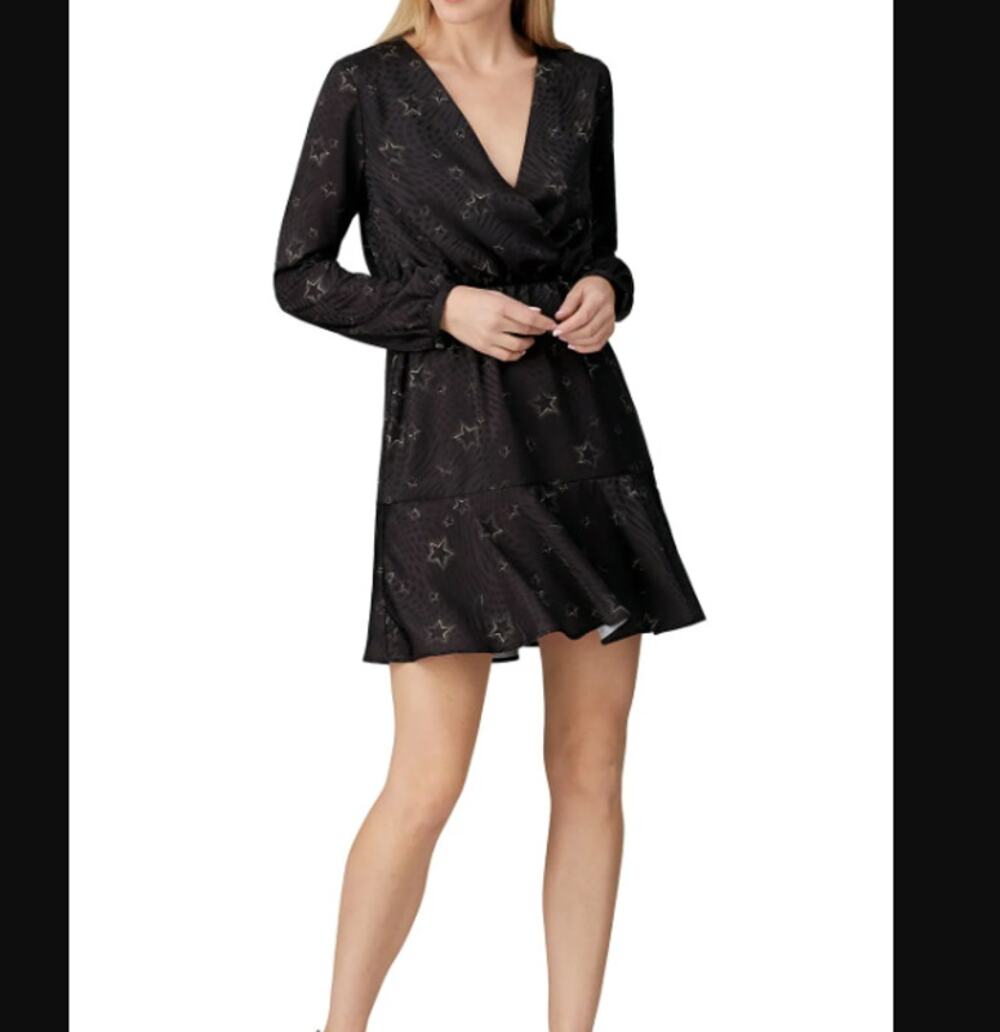 Slate & Willow Black Gold Star Jacquard Wrap Dress Size M Puff Sleeve
